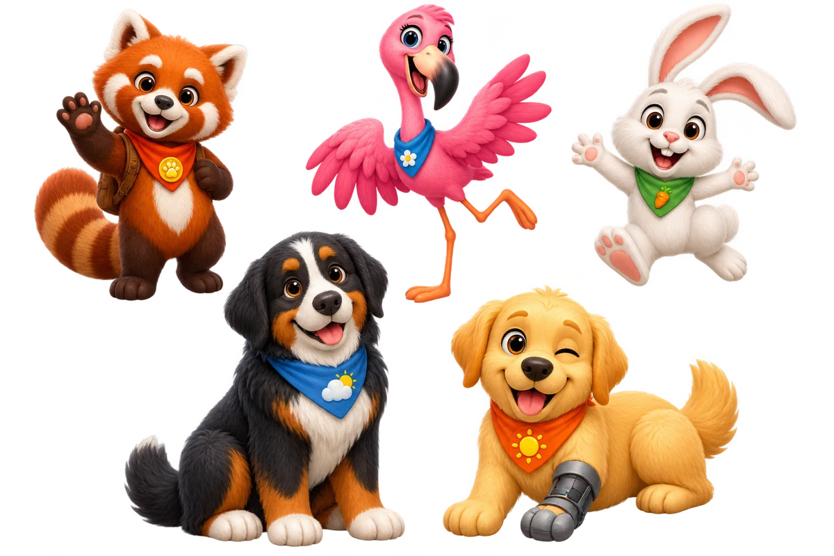 Red, Flam, Hop, Sky y Sunny te dan la bienvenida a su isla