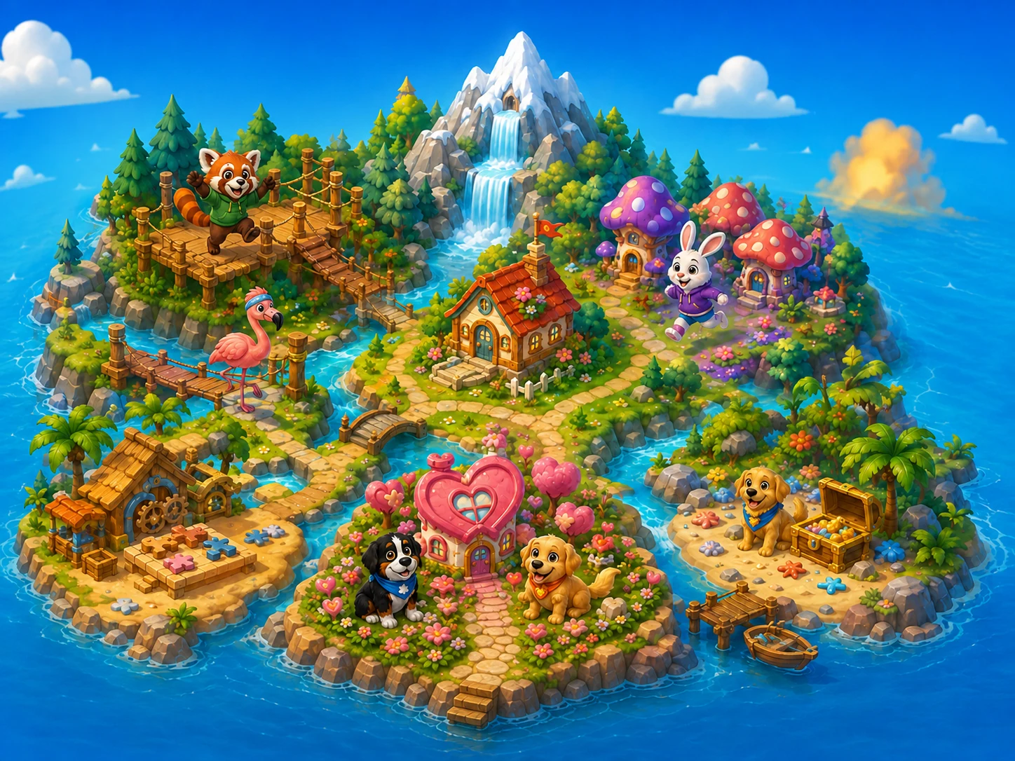 La isla DareTapKids, sus cabañas, puentes y cascada
